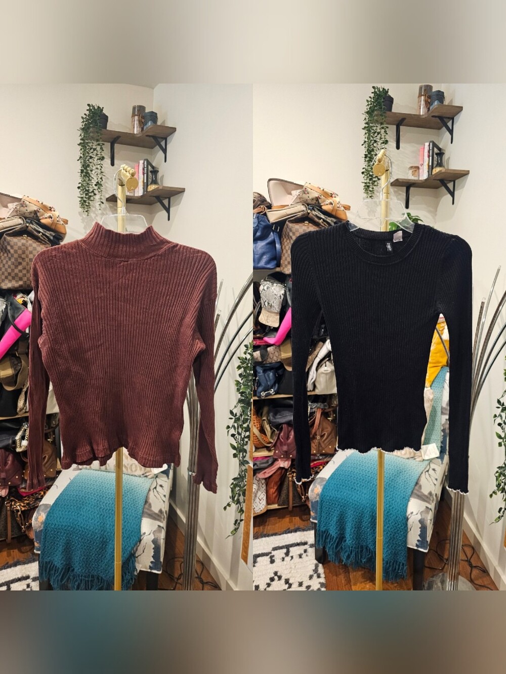 Vintage/Retro Ribbed Mock Neck Long-Sleeve Brown Top & Black Ribbed Sweater